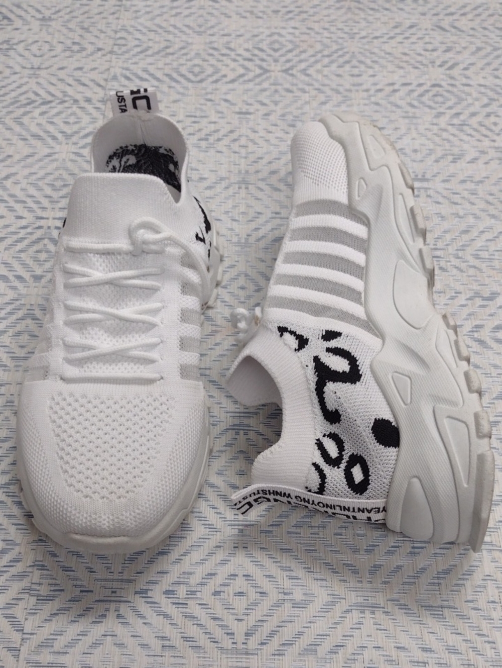 Women's White Knit Athletic Slip-On Sneakers with Black Accent